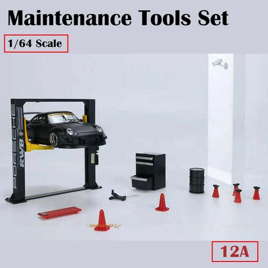 12Pcs/Set 1/64 Garage Maintenance Tools Set ABS Model Car Display Diorama Repair Tool Sets Model 1/64 Scene with Garage Lift Kit
