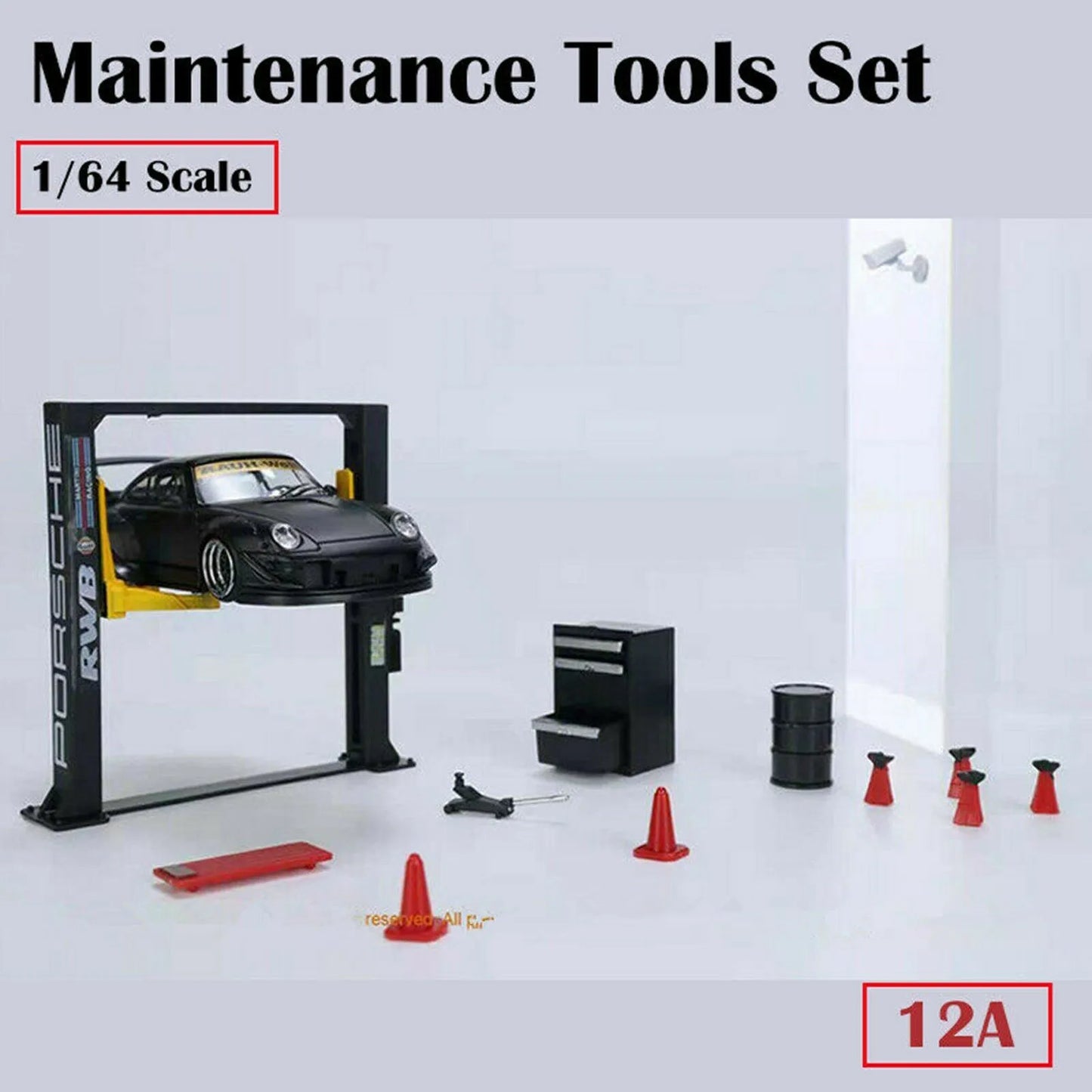 12Pcs/Set 1/64 Garage Maintenance Tools Set ABS Model Car Display Diorama Repair Tool Sets Model 1/64 Scene with Garage Lift Kit