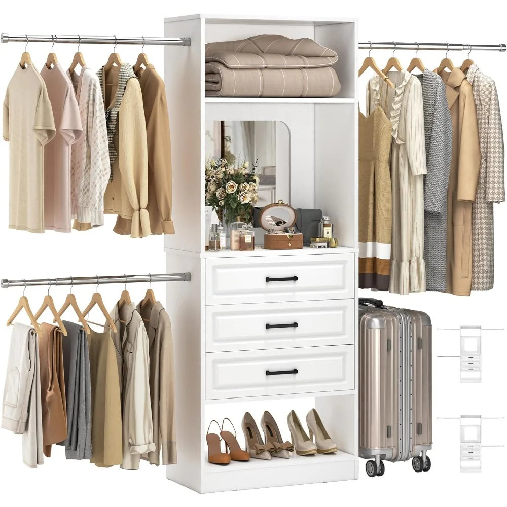 48" W - 96” W Closet System with Mirror, 8FT Walk in Closet Organizer Kits with Drawers and 3 Extendable Hanging Rod,