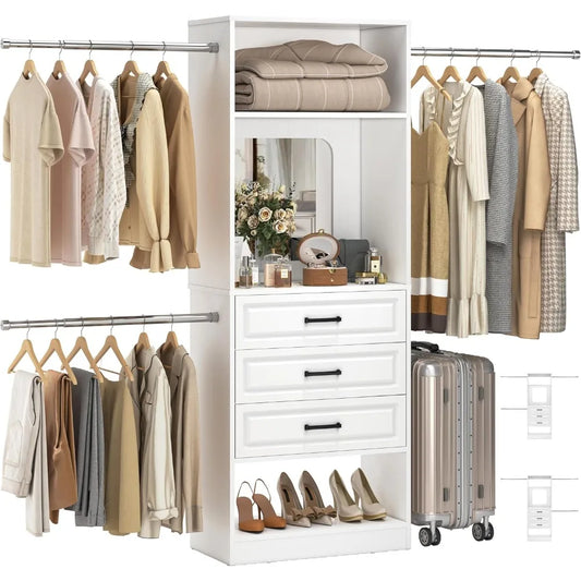 48" W - 96” W Closet System with Mirror, 8FT Walk in Closet Organizer Kits with Drawers and 3 Extendable Hanging Rod,