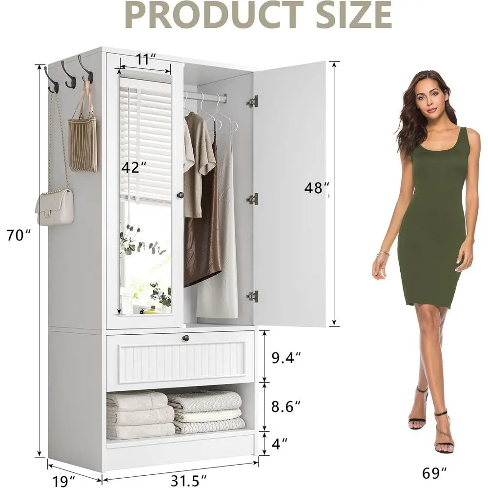 70-Inch Wooden Armoire with Mirror, 3-Side Hooks, Large Freestanding Bedroom Wardrobe in White