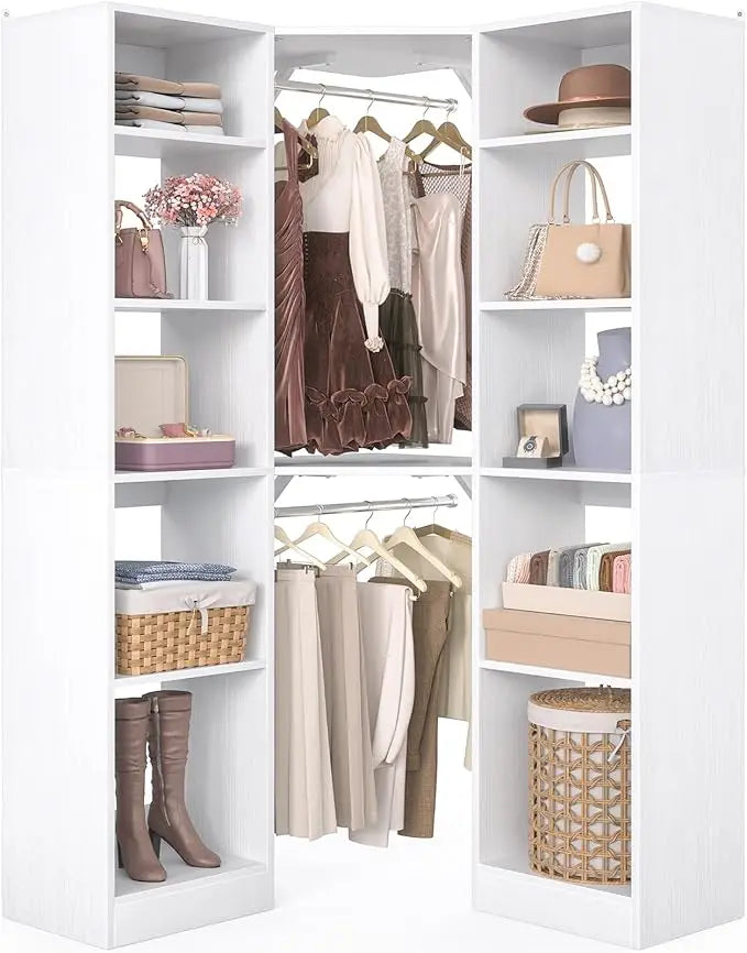 Corner Closet System With 12 Shelves, 40" Large Organizer With 2 Hanging Rods, Versatile 6-Tier Walk-in Closet for Corner Space,