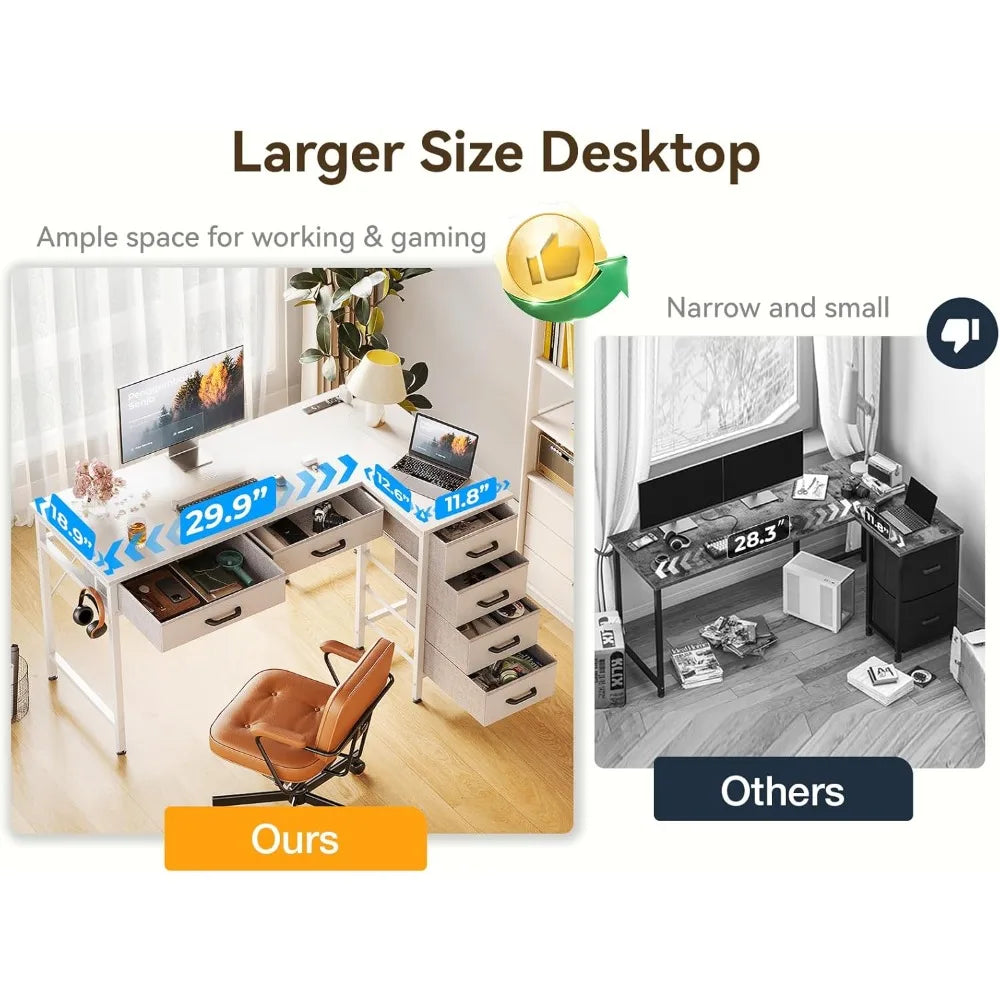 42 Inch L Shaped Desk with Drawers, Computer Desk with Power Outlets, Home Office Desk with 6 Drawers