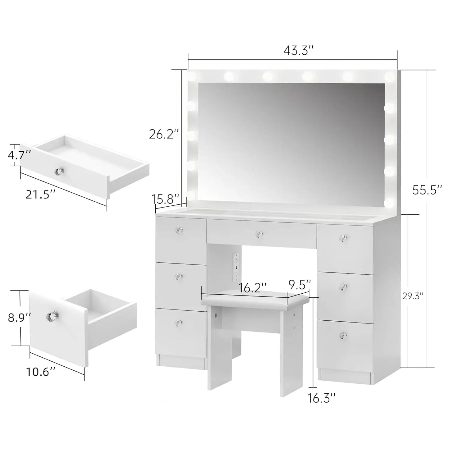 Vanity with Lighted Mirror - Makeup Vanity Desk with Glass Top, 7 Drawers and Power Outlet, 3 Color Lighting Modes, Customized