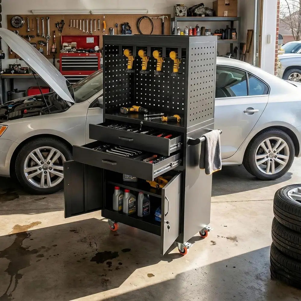 Heavy-Duty Mobile Work Cart with Lockable Wheels, Ample Storage, and Integrated Outlet for Efficient Tool Organization and Job M