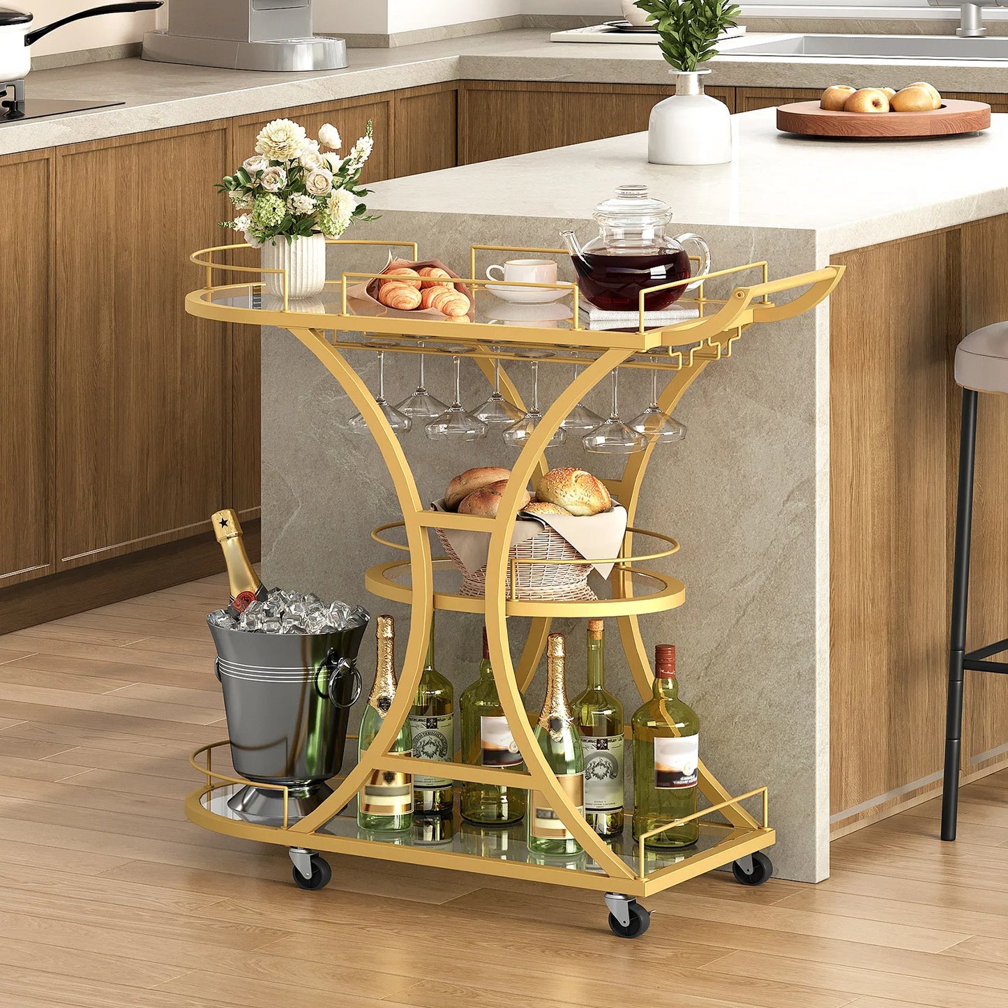 Gold Bar Cart with Wheels, 3-Tier Glass Shelves Serving Cart, Metal Rolling Kitchen Cart with Stemware Rack, Locking Casters, for Dining Room, Living Room, Gold