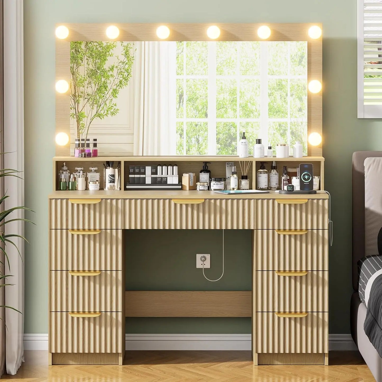 Vanity Desk with Large Mirror, Lights & Power Outlet, Black Makeup Vanity with 9 Drawers & Shelf Storage, Customized