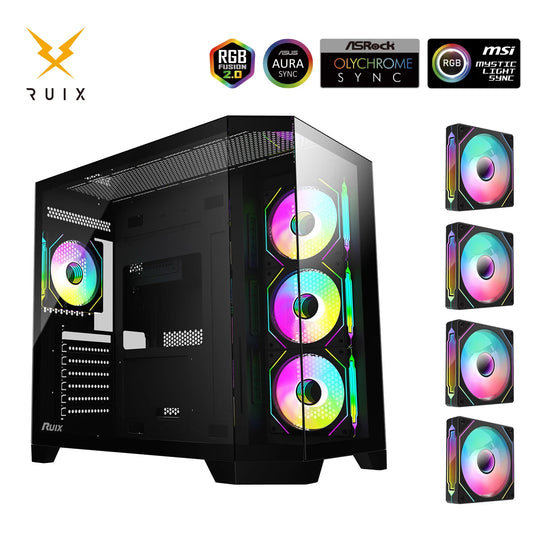Ruix OV303 Black Color ATX Mid Tower Computer Case,With 4 ARGB PWM Fans Pre-Installed, Type-C USB 3.0, Tempered Glass Side Panel