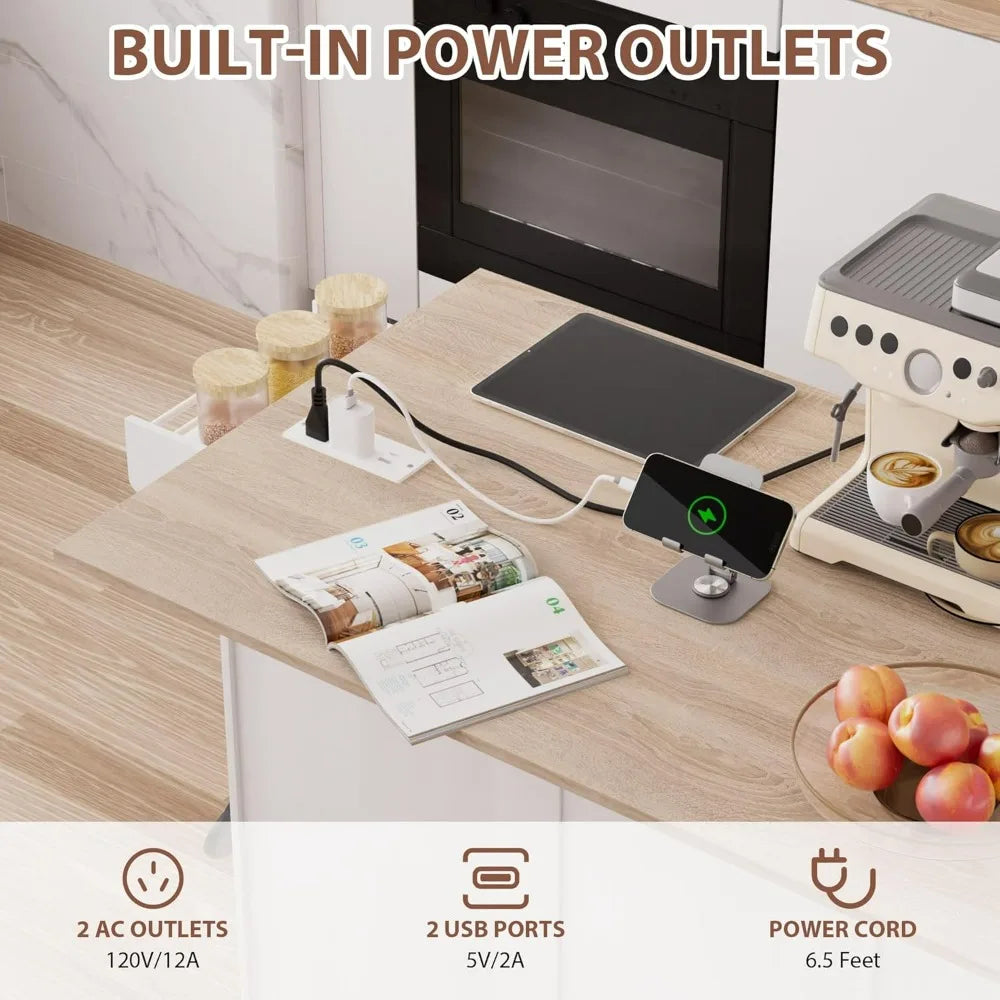 Kitchen Island On Wheels With Storage, Rolling Kitchen Islands With Drop Leaf&Power Outlet, Mobile Kitchen Island Cart With Tras