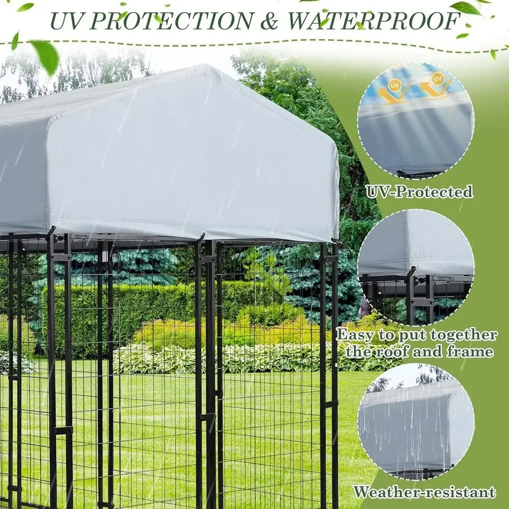 8x4x5.7ft Outdoor Dog Kennel with Waterproof Roof & 2 Rotating Bowls for Large Dogs, Secure Steel Exercise Enclosure