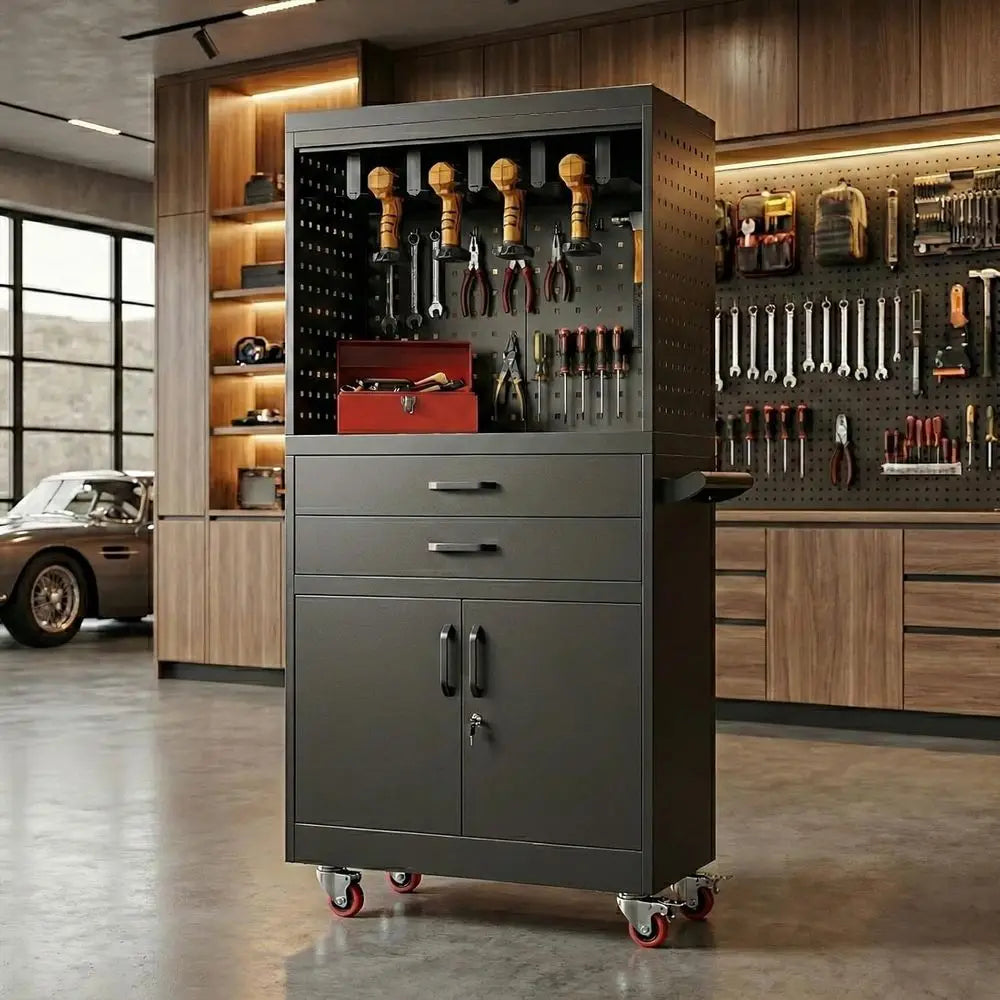 Heavy-Duty Mobile Work Cart with Lockable Wheels, Ample Storage, and Integrated Outlet for Efficient Tool Organization and Job M