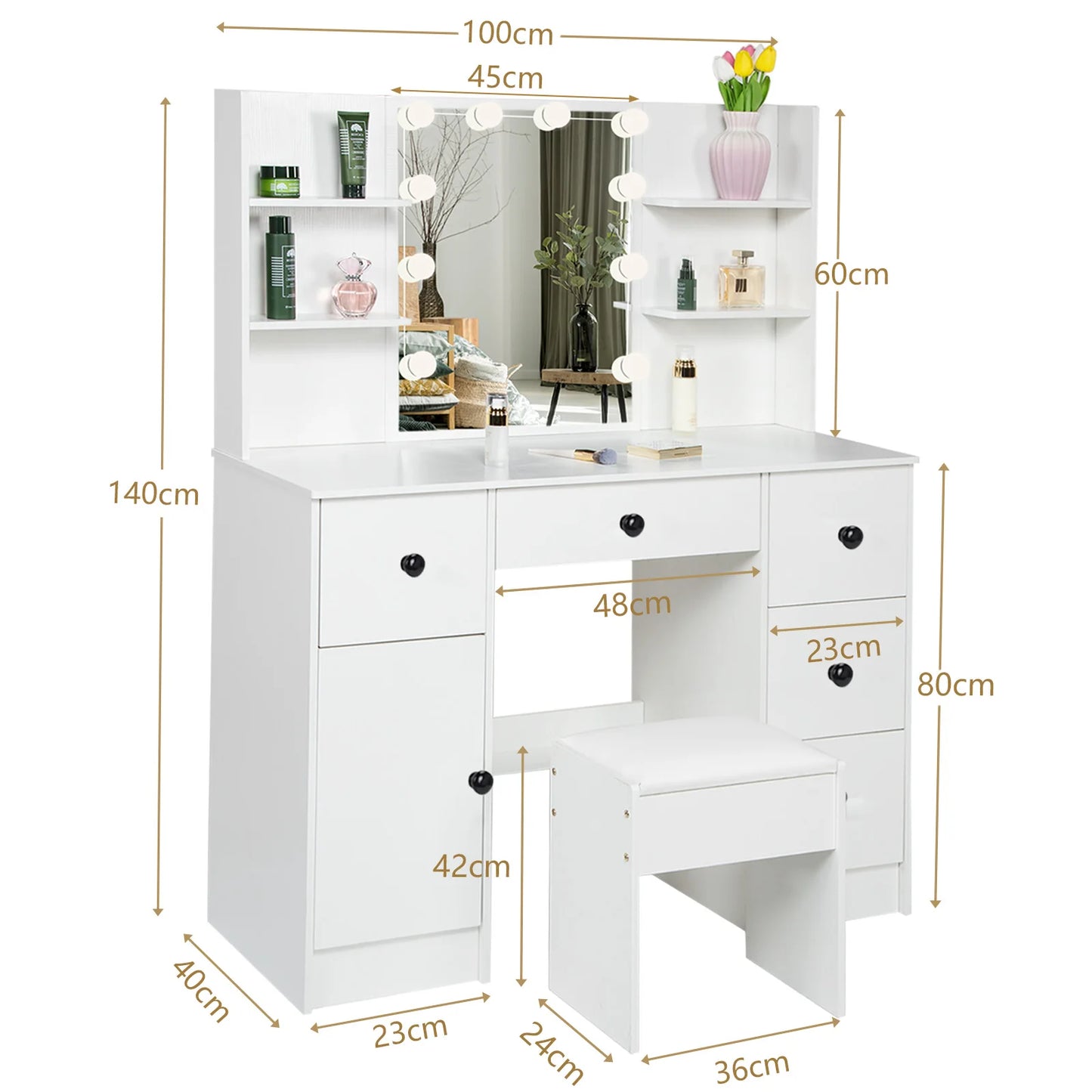 Teousev White Modern Vanity Set with 10 LED Lighted Mirror 5 Drawers & Stool 3 Color Dimmable Easy Assembly Bedroom Dressers