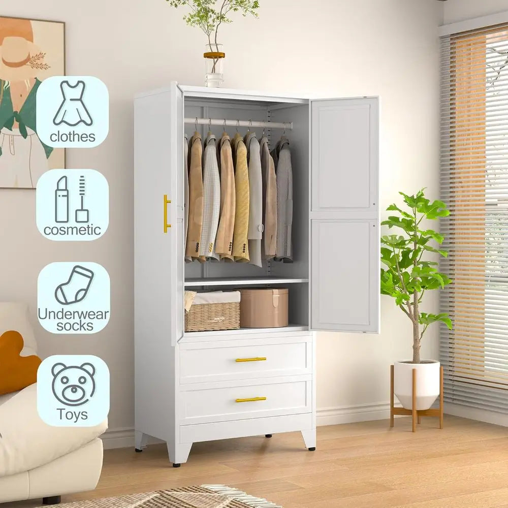Metal Armoire Wardrobe Closet, 71 "Metal Clothing Storage Cabinet | with Adjustable Shelves and Hanging Rod, Household Steel War