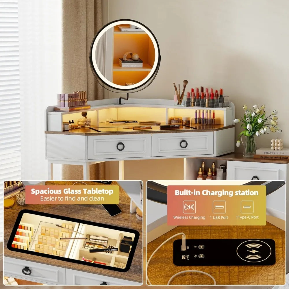Corner Vanity Desk, Glass Top Makeup Vanity with Human Body Senor&Charging Station, LED Vanity Table Set