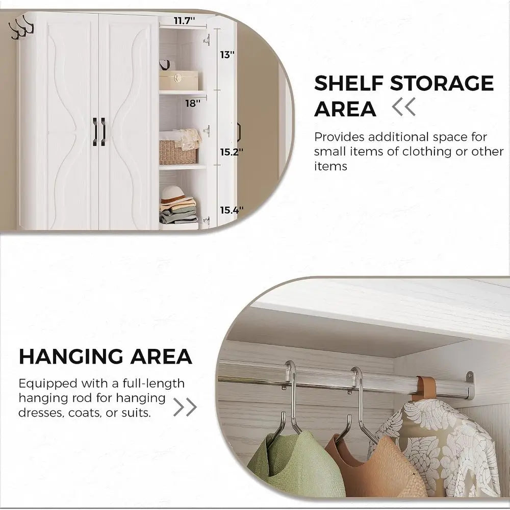 Armoire Wardrobe Closet with 4 Doand Ders, White | Wardrobe Cabinet with Storage Shelves and Side Hooks, Clothing Storage Cabine