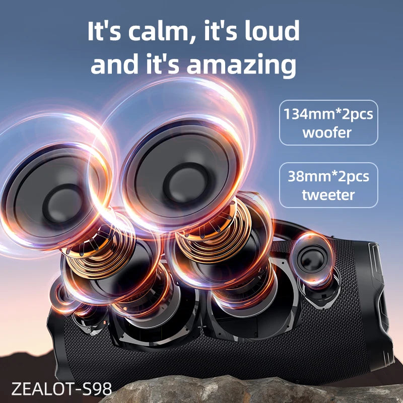 ZEALOT-S98 Portable Bluetooth Speaker 160W High Volume Waterproof 36000mAh Wireless TWS Subwoofer Suporrt USB/TF/AUX RGB light