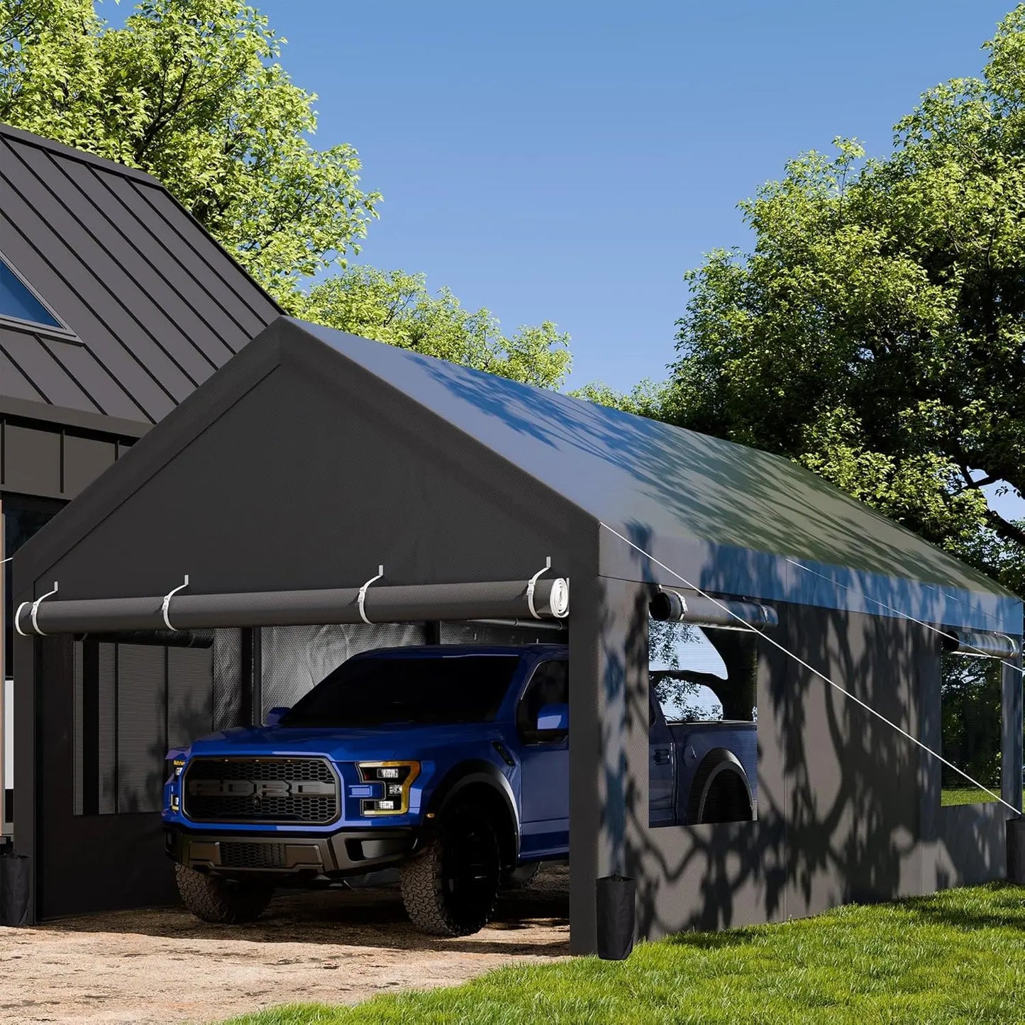 Carport, 12x20 ft Heavy Duty Carport with Roll-up Windows, Portable Garage with Removable Sidewalls & Doors, Car Canopy with San