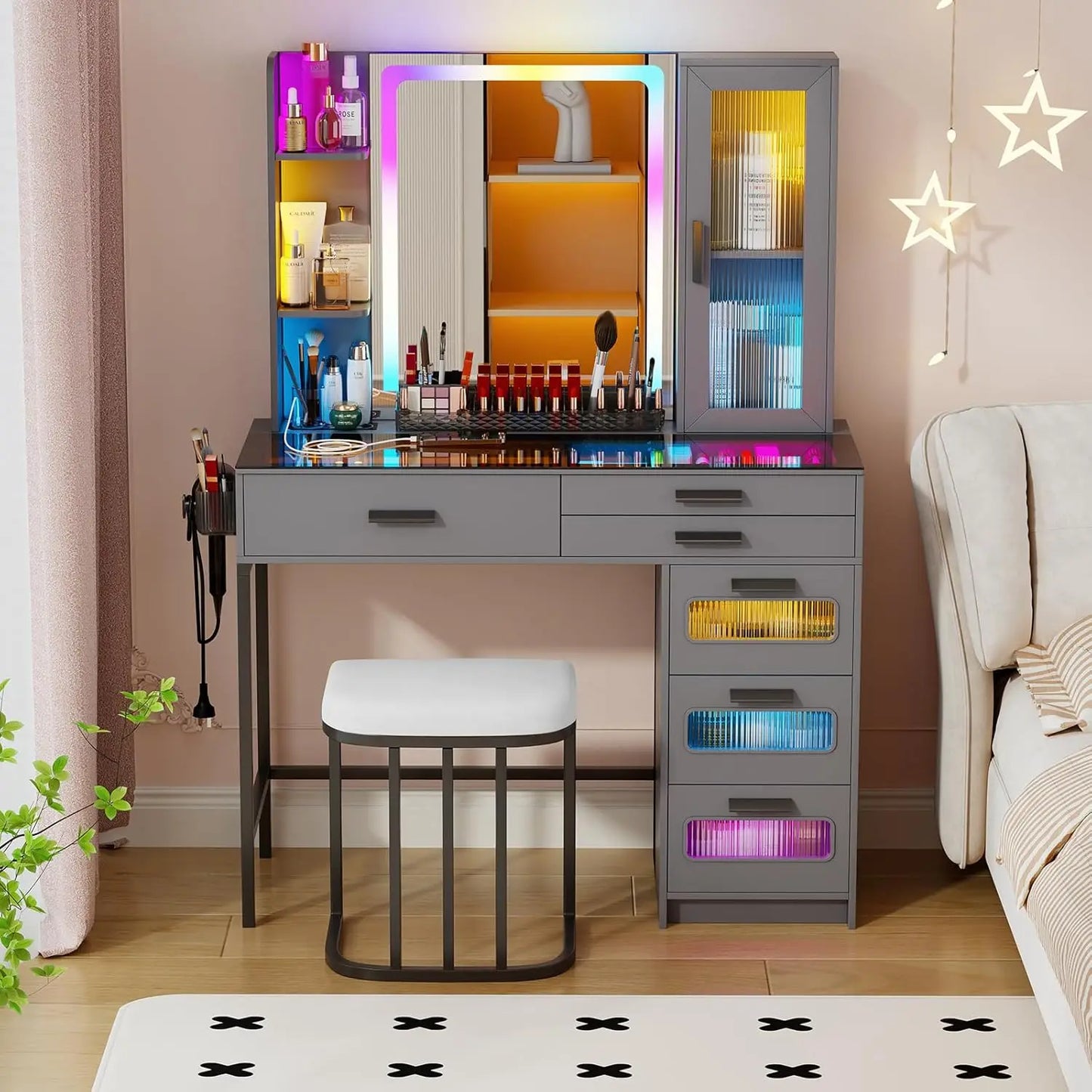 Corner Vanity Desk, Glass Top Makeup Vanity with Human Body Senor&Charging Station, LED Vanity Table Set