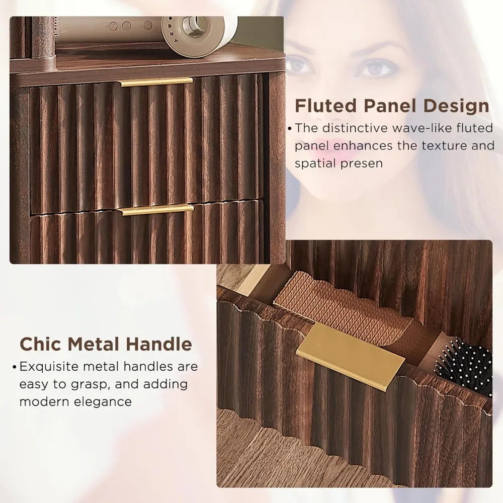 48" Fluted Makeup Vanity Desk with Large 36" Mirror and Lights, Modern Glass Top Big Vanity Table w/5 Drawers & Adjustab Shelves