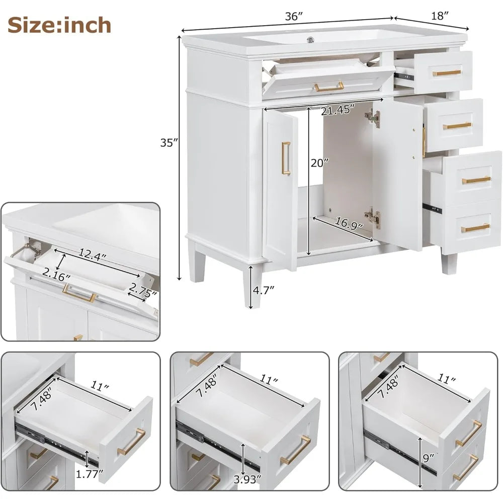 freestanding 36" solid wood bathroom vanity with ceramic sink and 4 drawers