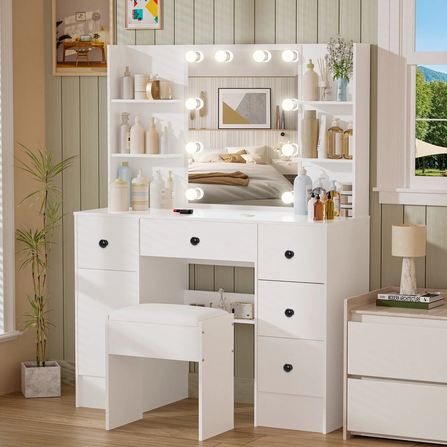 Teousev White Modern Vanity Set with 10 LED Lighted Mirror 5 Drawers & Stool 3 Color Dimmable Easy Assembly Bedroom Dressers