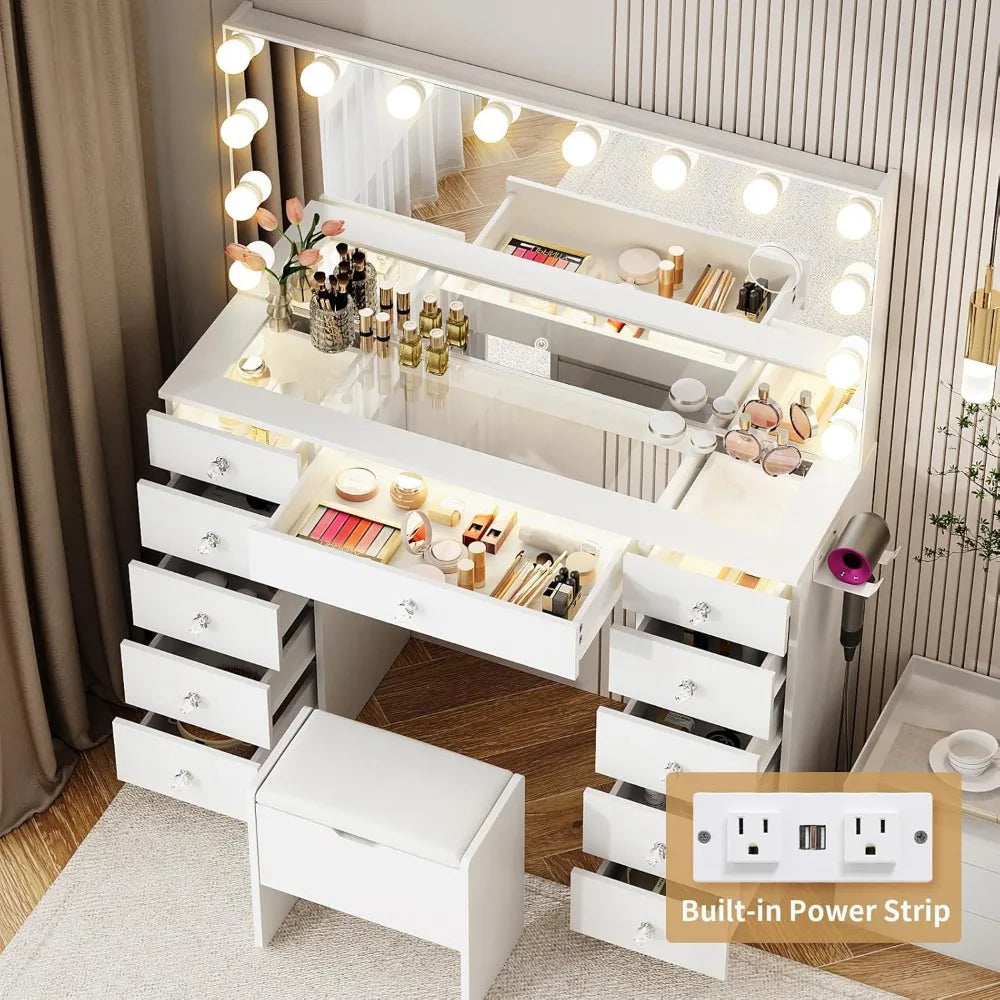 illuminated glass vanity desk with 11 drawers and 3 adjustable light modes