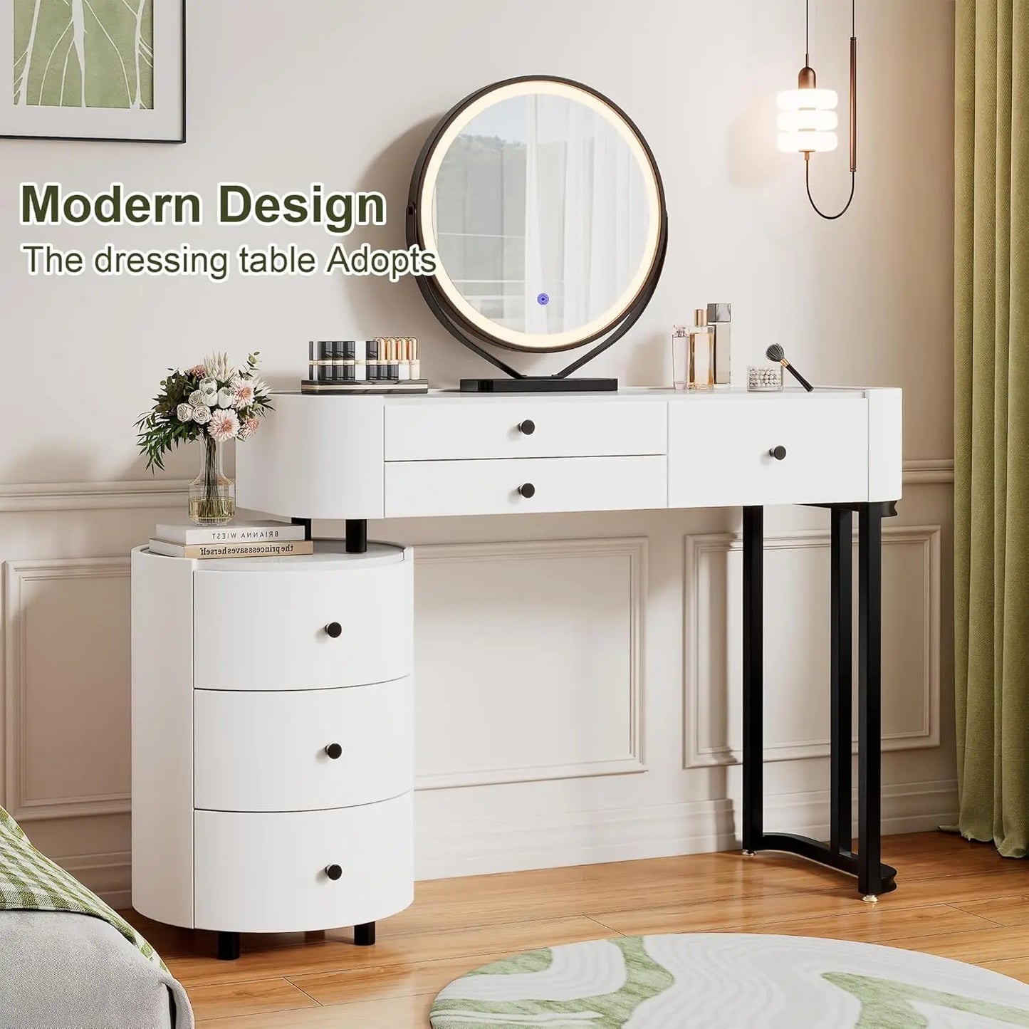 Vanity Desk with Round Mirror and Lights | Small Makeup Vanity with 6 Drawers | Dressing Table Adjustable | Modern, Customized