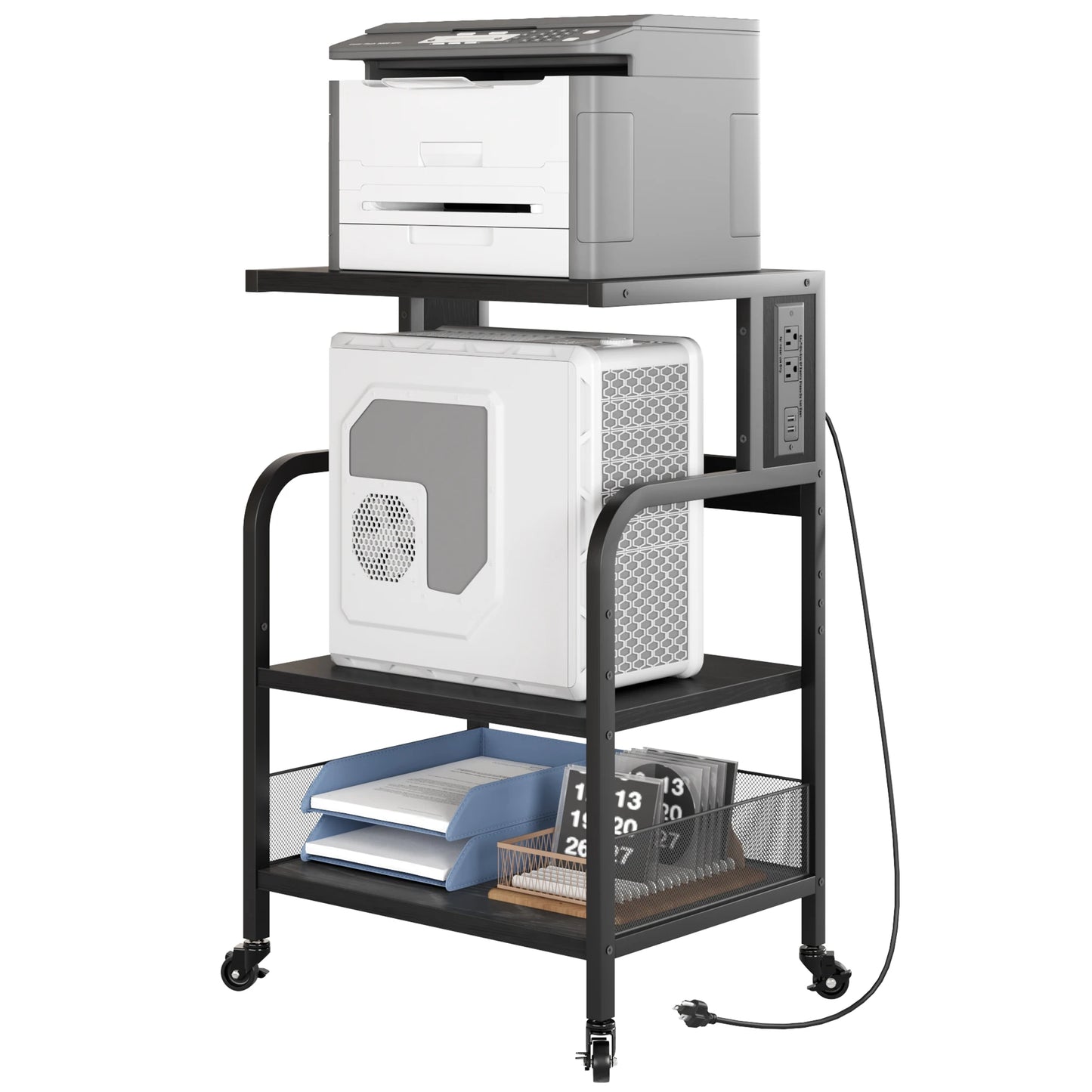 3-Tier Mobile Printer Stand Adjustable Storage Shelf with Charging Station 360° Rotating Wheels Sofa End Table for Home Office