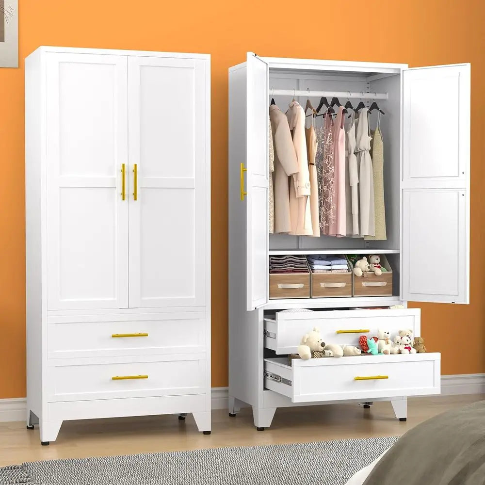 Metal Armoire Wardrobe Closet, 71 "Metal Clothing Storage Cabinet | with Adjustable Shelves and Hanging Rod, Household Steel War