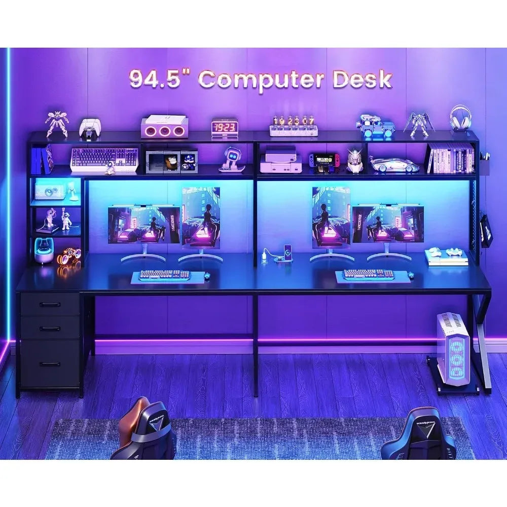 L Shaped Gaming Desk with Storage Shelves and Hutch, Convertible 94.5" Computer Desk with Drawers, Corner Computer, Customized