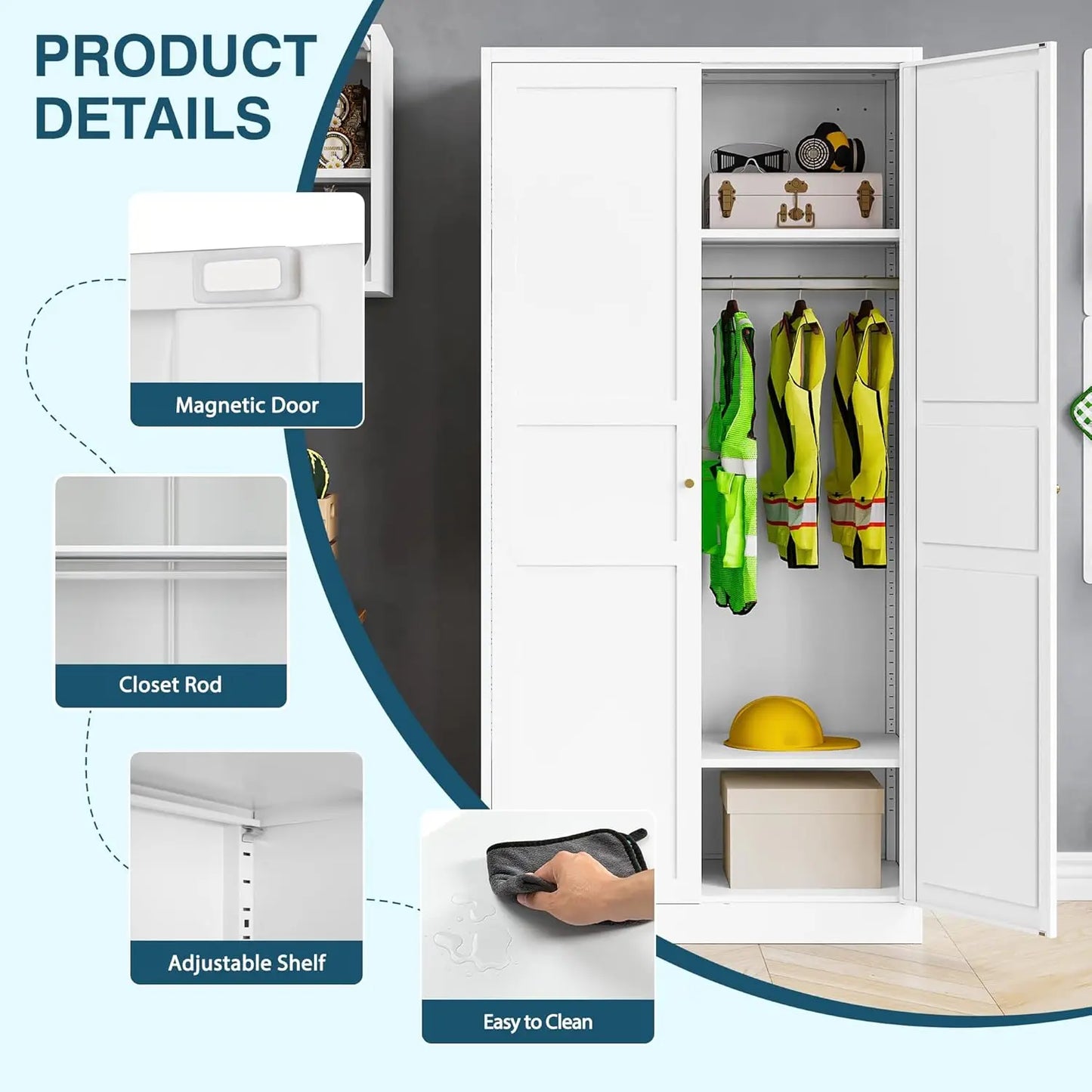 Wardrobe Closet with 2 Doors, 72" Metal Clothing Storage Cabinets with Hanging Rod, Bedroom Armoires Laundry Room, Customized