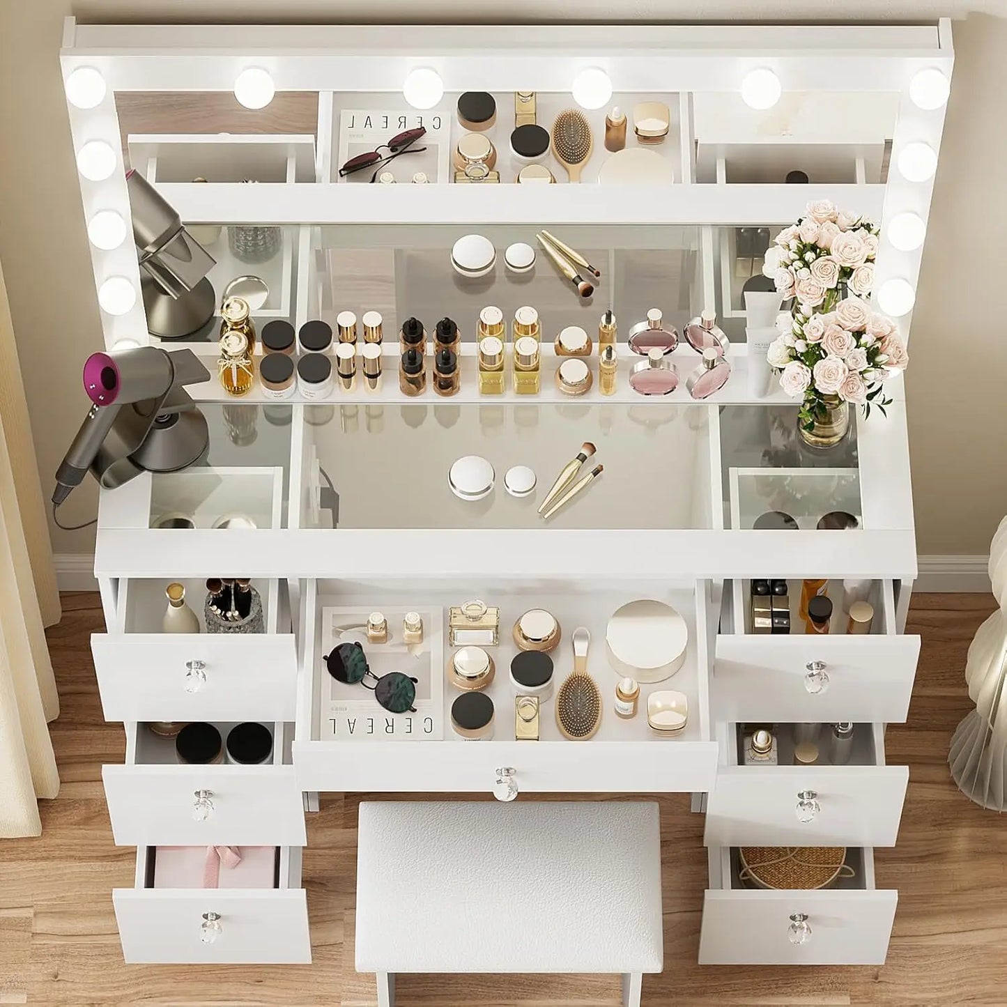 Vanity with Lighted Mirror - Makeup Vanity Desk with Glass Top, 7 Drawers and Power Outlet, 3 Color Lighting Modes, Customized