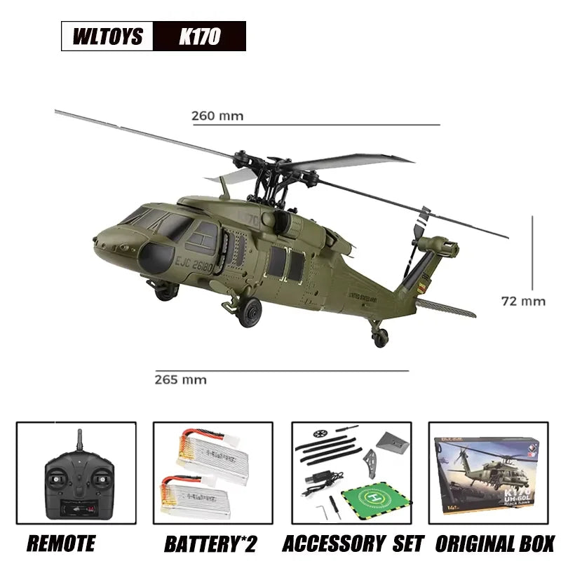 Wltoys K170 RC Helicopter UH-60L 4 Channel Remote Control brushless Helicopters with Gyro and LED Light Durable Airplane Toy