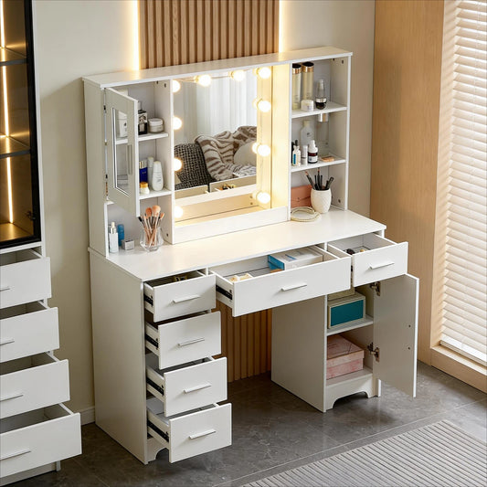 Teousev White Modern Vanity Set Openable 3-Colour Lighting Mirror 5 Drawers & Glass Cabinet Easy Assembly Bedroom Makeup Desk
