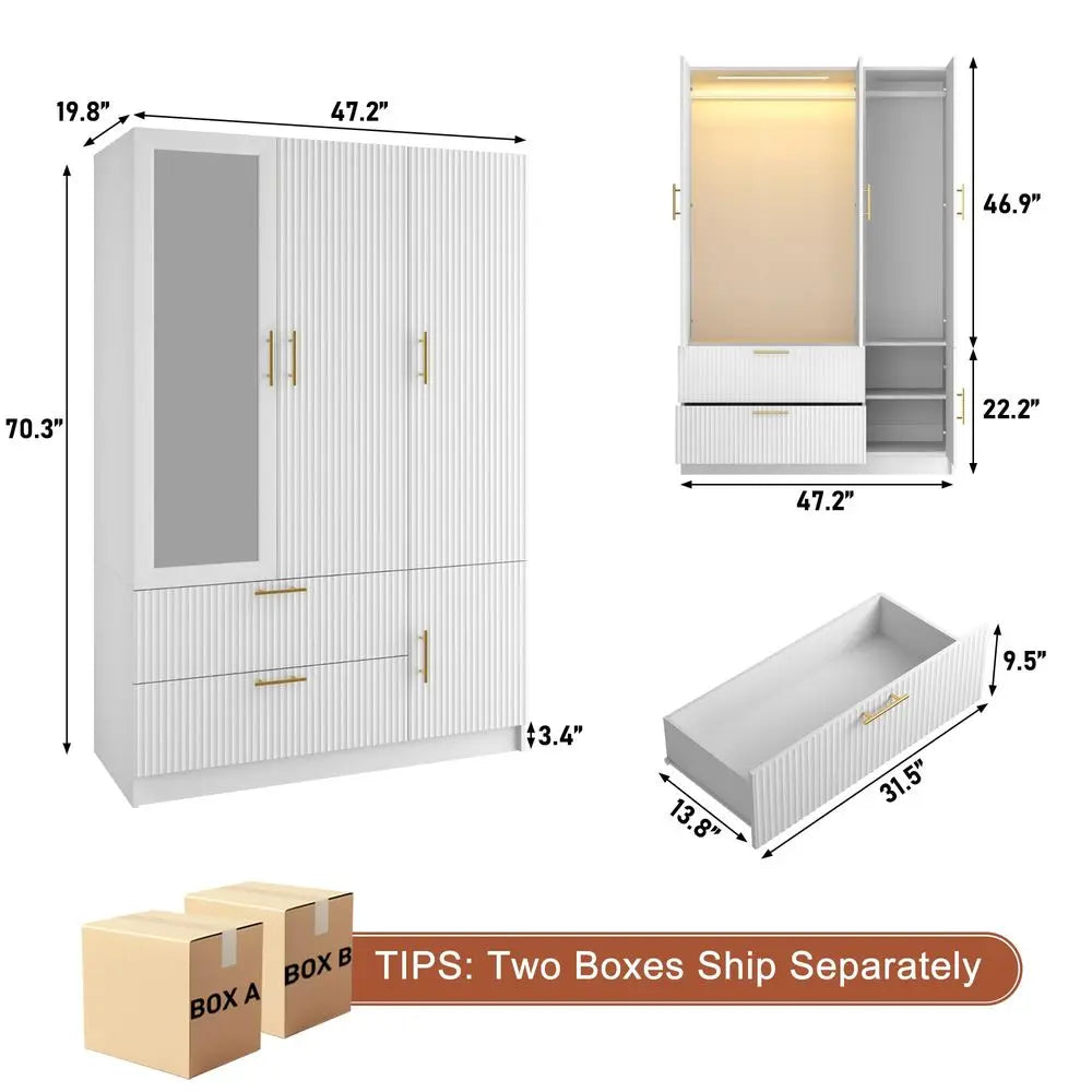 Fluted Style 3 Doors Wardrobe Closet Armoire with Mirrors and LED Lights, 70.3 H Modern Wooden Bedroom Armoires with 2 Drawers,