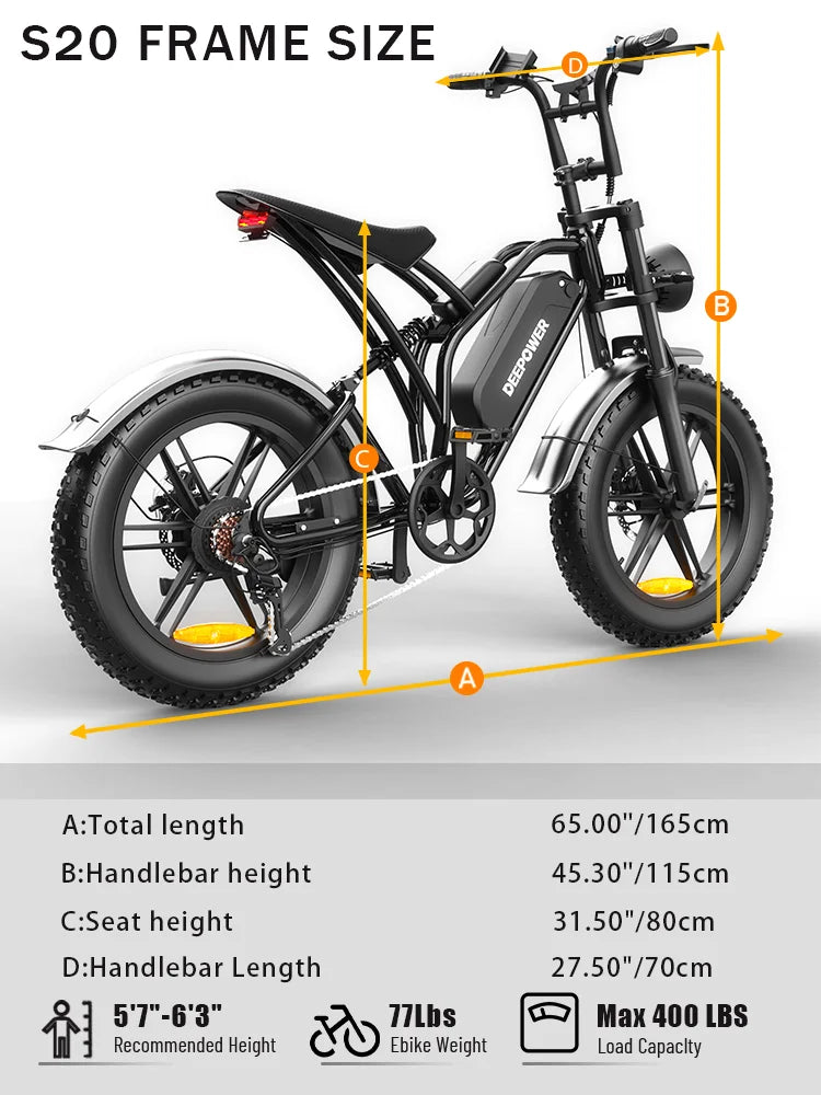 DEEPOWER S20 Off-Road Electric Bike 1500W Motor 48V 25AH LG Battery Adults Mountain LED Display Ebike All-Terrain Motorcycle