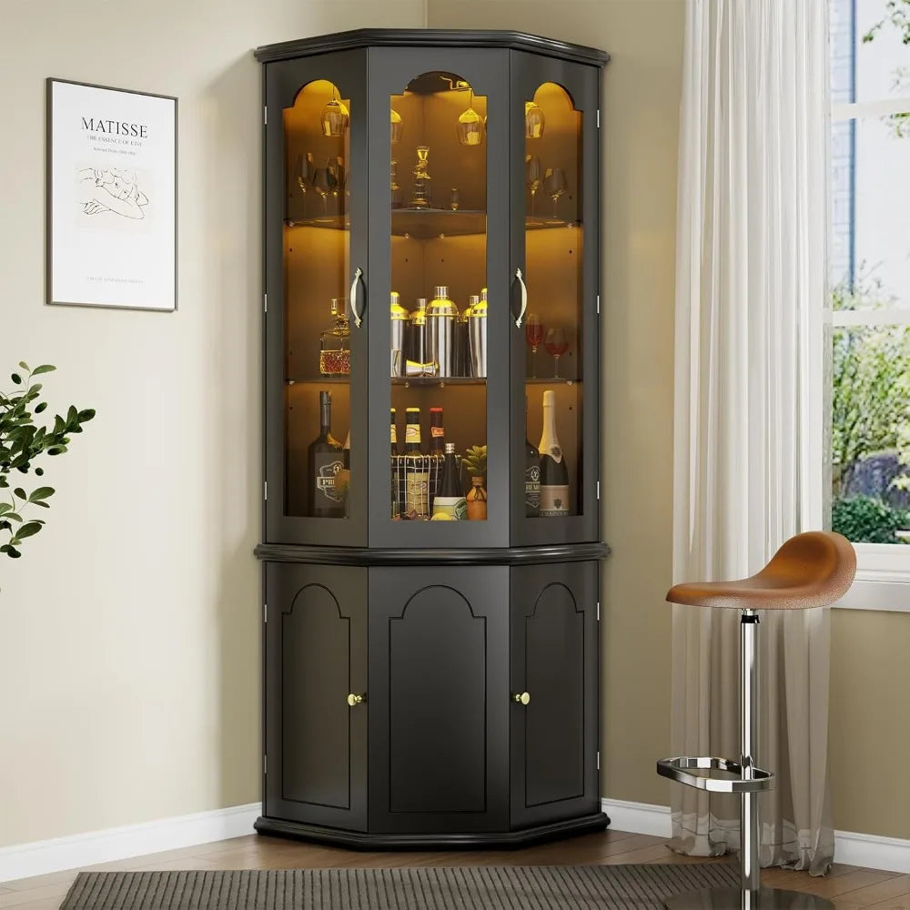 Corner Bar Cabinet w/LED Lights, Tall Modern Wine Cabinet with Tempered Glass Door & Adjustable Shelves, Home Bar Liquor Storage
