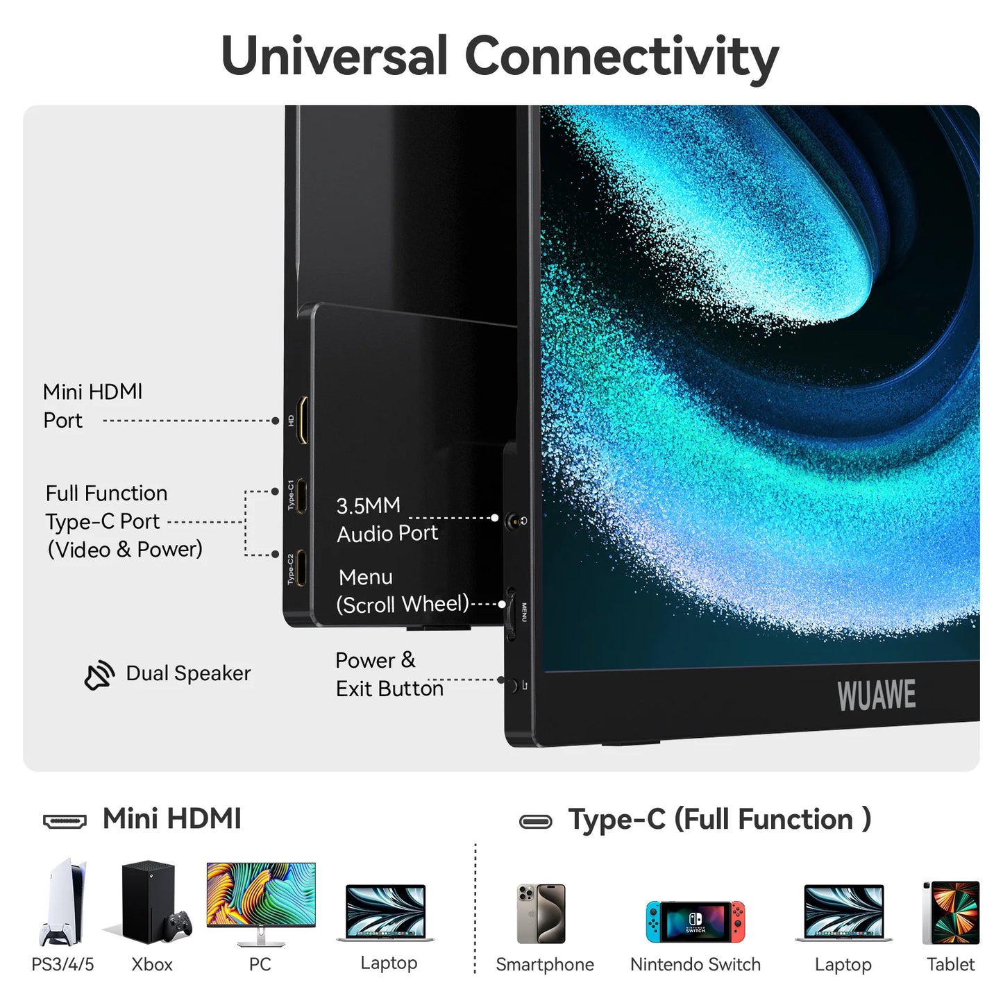 WUAWE 15.6 inch Portable Monitor Laptop, 15.6-inch 1080p72 NTSC 100 sRGB USB C HDMI Travel External Second Computer Screen HDRi