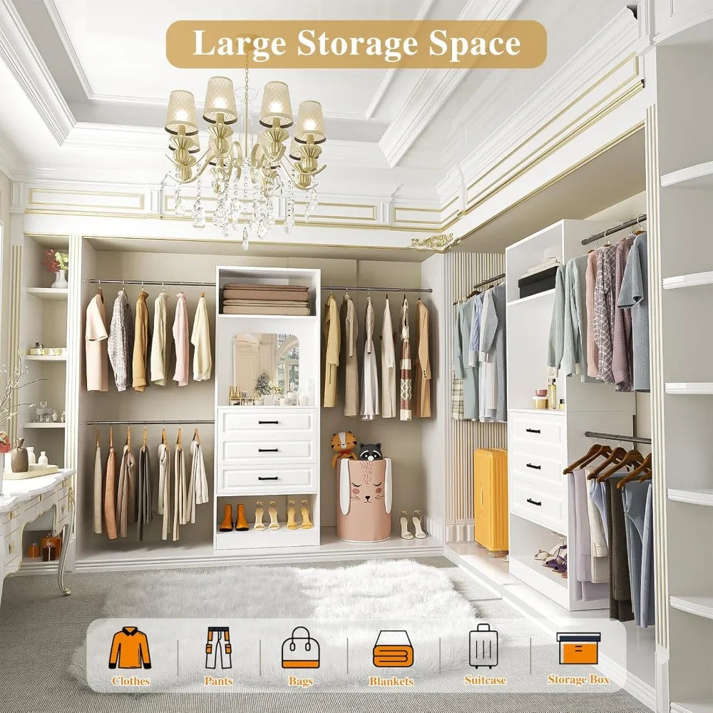 48" W - 96” W Closet System with Mirror, 8FT Walk in Closet Organizer Kits with Drawers and 3 Extendable Hanging Rod,