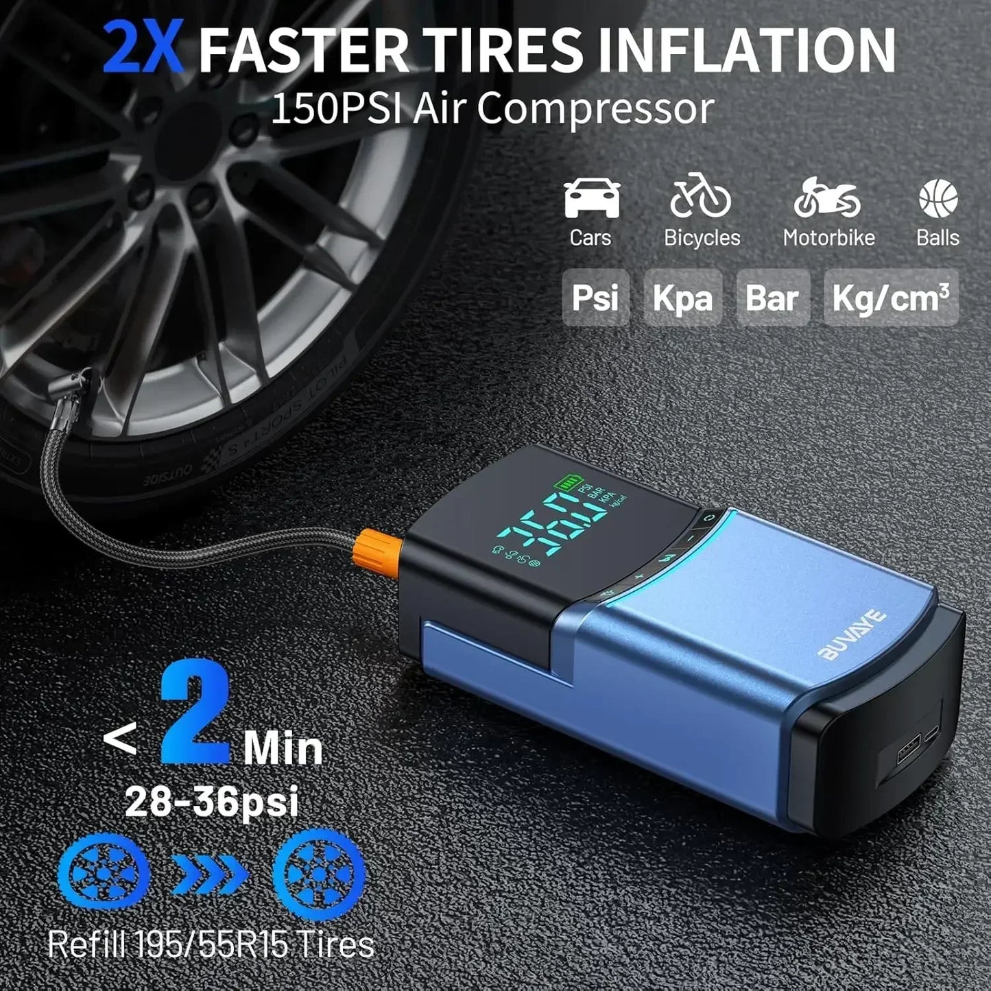 BUVAYE 4 in 1 Car Jump Starter Air Pump 150PSI Tyre Compressor 2000A Starter Device 12000mAh Power bank Digital Inflatable Pump