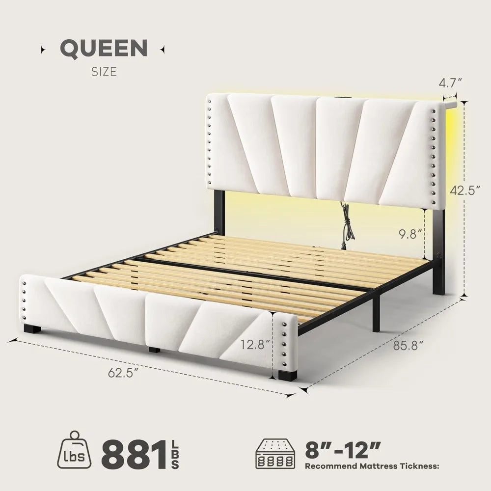 New upgrade - Queen Bed Frame with Velvet Headboard and LED Lights, Storage Headboard with Charging Station, Bed Frame Queen