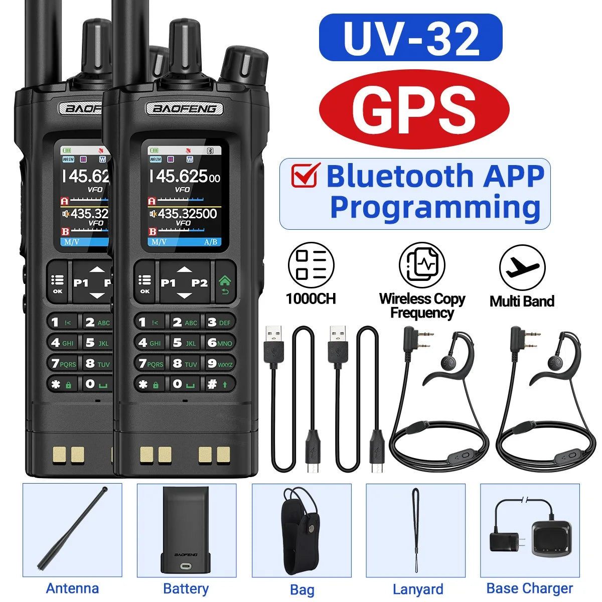 UV-32 GPS Walkie Talkie 10W Long Range Multi Band Bluetooth APP Programming Wireless Copy Frequency Type-C Two Way Radio