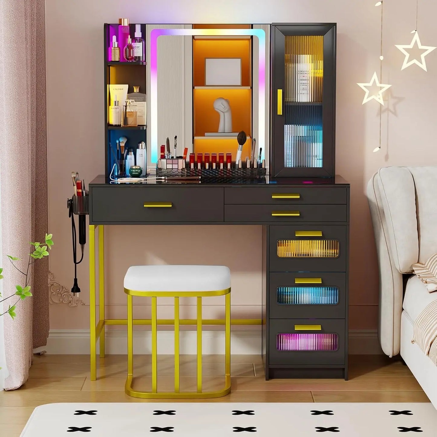 Corner Vanity Desk, Glass Top Makeup Vanity with Human Body Senor&Charging Station, LED Vanity Table Set