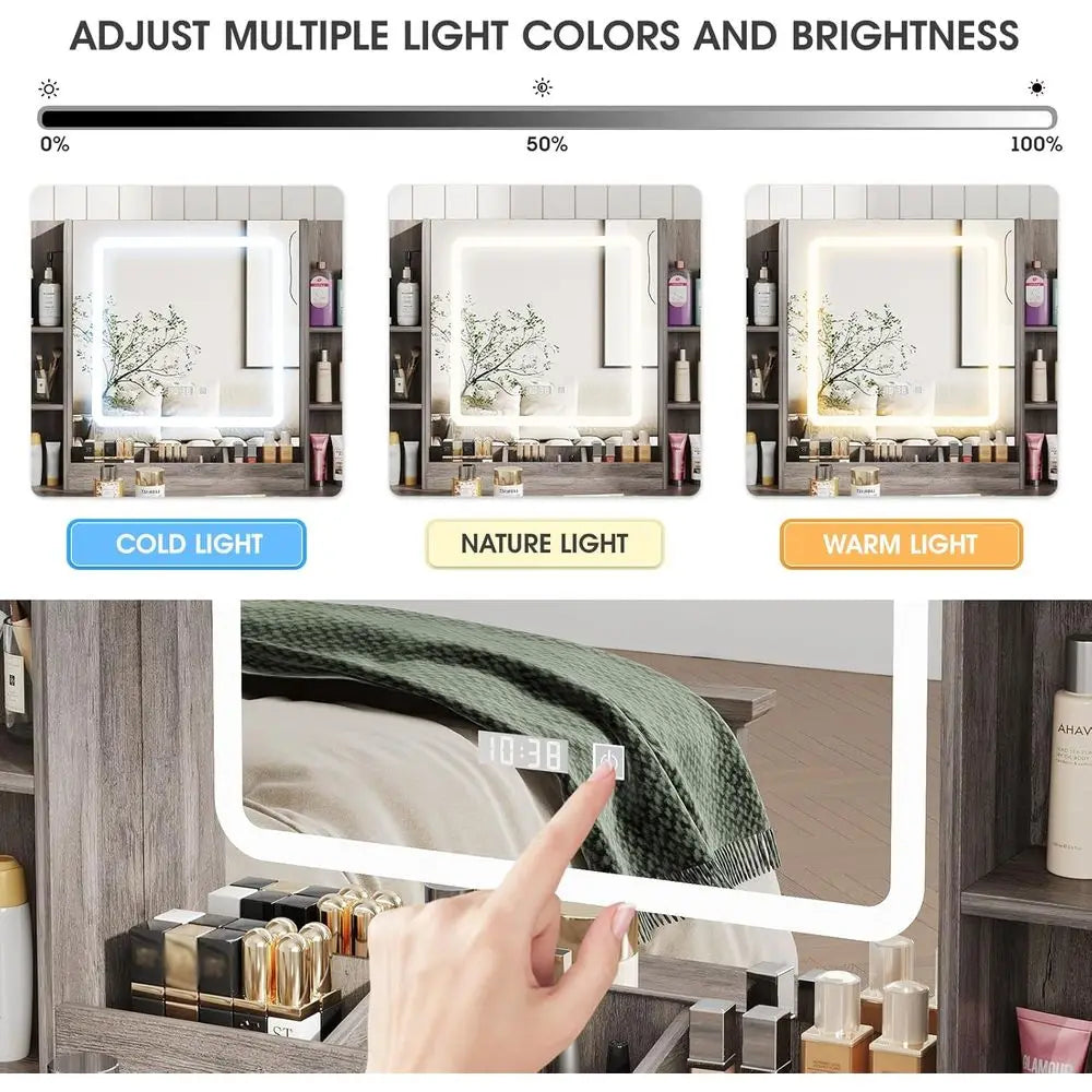 Makeup Vanity Desk with Lighted Mirror, Desk & Chair, 3 Drawers, 2 Cabinets, Time/Temp Display, Adjustable LED Lights, Grey