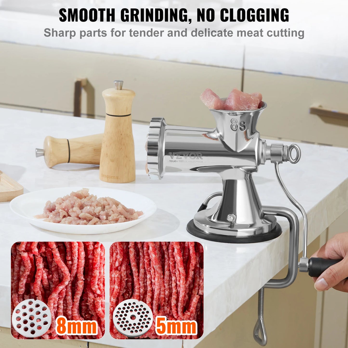 SucceBuy Manual Meat Grinder 304 Stainless Steel Hand Meat Grinder with Suction Cup&Steel Table Clamp Meat Mincer Sausage Maker